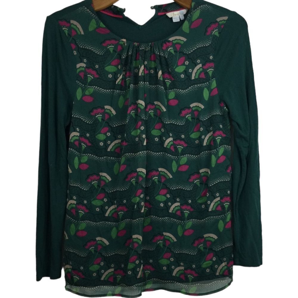 Boden Matilda Jersey Knit Sheer Printed Chiffon Overlay Top Hunter Green Size 6